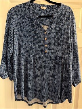 Westport Navy Geometric Henley Tunic with Buttons